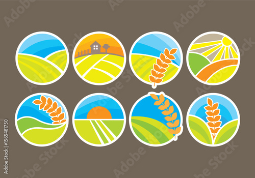Collection of stylized vector icons representing various aspects of rice cultivation farming and consumption suitable for agricultural or food related designs
