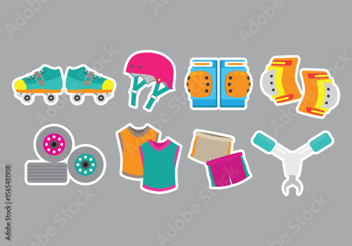 Collection of roller derby themed graphic elements featuring skaters wheels and protective gear for sports design
