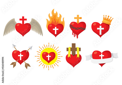 Collection of sacred heart religious icons and symbols featuring detailed illustrations with vibrant colors and classic religious imagery for spiritual and devotional use
