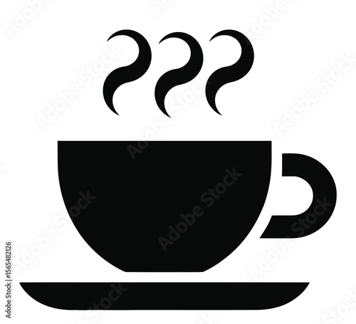 black silhouette of steaming coffee cup icon on saucer isolated on white background, perfect for cafe branding and beverage design