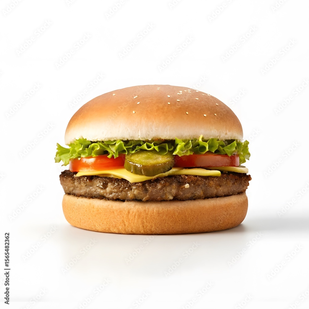 Classic cheeseburger with lettuce, tomato, pickles, and melted cheese.” Classic cheeseburger with lettuce, tomato, pickles, and melted cheese.”