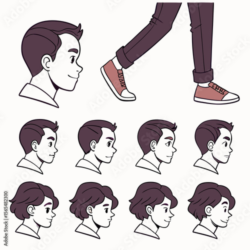 Diverse male and female profiles with walking legs heads faces