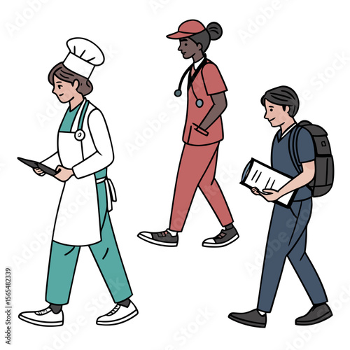 Diverse professionals walking with tablets and documents chef doctor