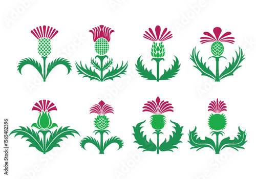 Collection of stylized thistle plant icons in various colors suitable for nature botany or organic design themes