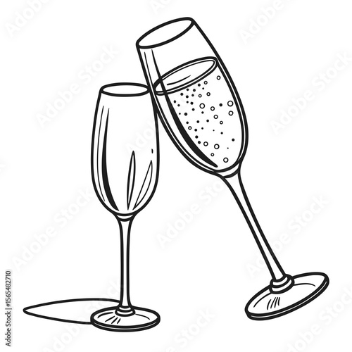 Two champagne flutes clinking with bubbles glasses celebration