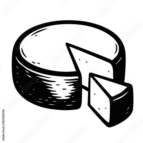 Artisanal Hand-Drawn Cheese Wheel with Slice Vector Illustration - Perfect for Menus, Recipes, and Dairy Product Designs