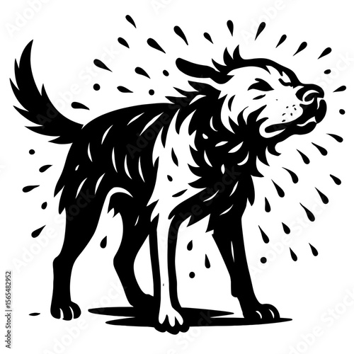 Dynamic Black and White Dog Shaking Water Vector Illustration - Capturing Movement and Energy