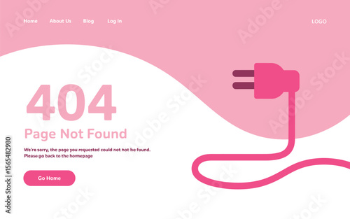 404 error webpage template featuring pink plug illustration, minimal UI design, page not found alert and go home button layout