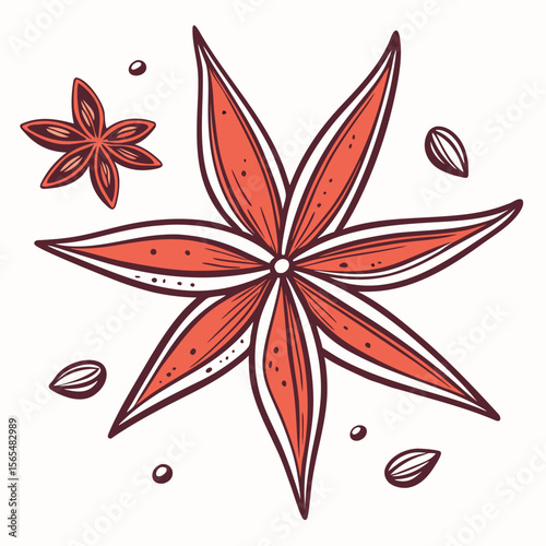 Star anise spice with seeds and dots seasoning ingredient