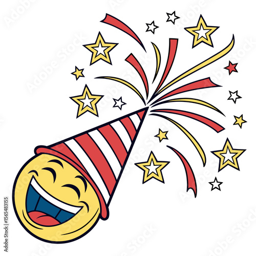Joyful emoji face with party popper and exploding stars laughing celebration