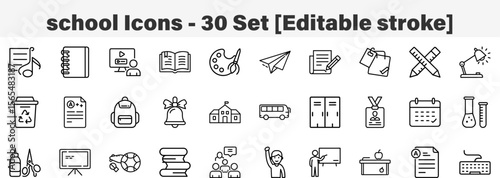 school Icons 30 Set. Line Art Icon Collection. Editable Stroke. Vector Illustration