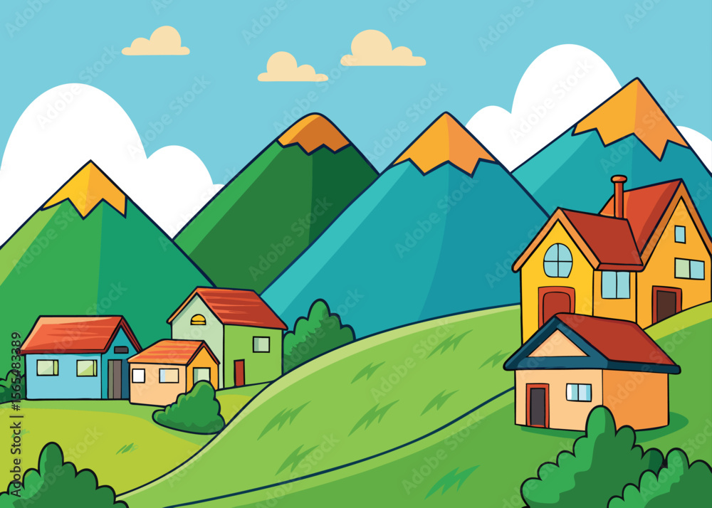 Naklejka premium Cartoon Village background landscape vector design