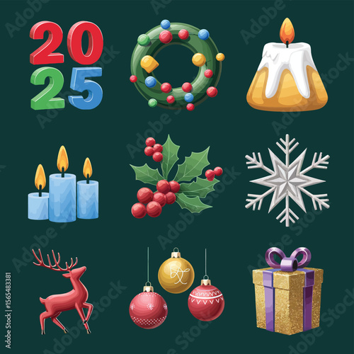 vector Happy New Year Celebrating 2025 in Latin letters , Christmas Decoration Items Santa Claus