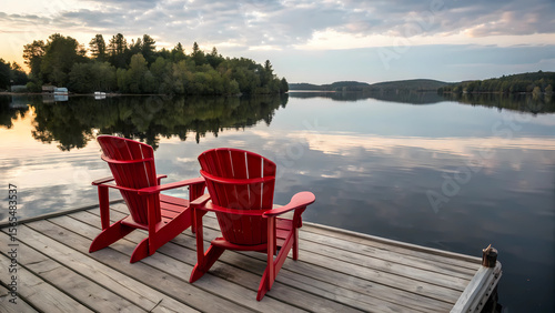 Fototapeta Naklejka Na Ścianę i Meble -  Red adirondack chairs on wooden dock overlooking calm lake at sunset vacation rental photography