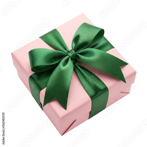 Pastel Pink Gift Box with Green Satin Ribbon on White Background Studio Shot