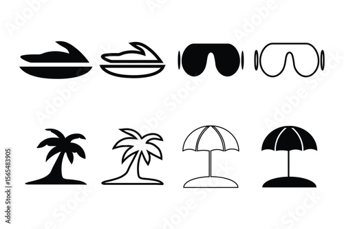 Summer Vacation Icons Jet Ski, Beach Umbrella, Palm Tree, and Diving Goggles