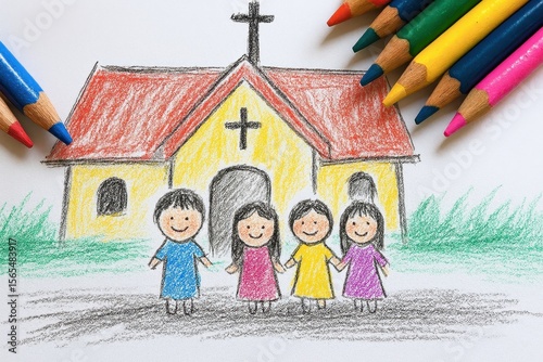 Drawing of four children in front of a church with colored pencils