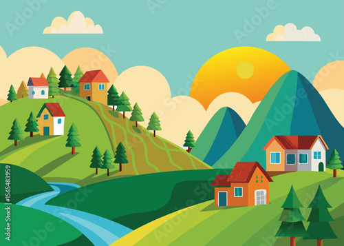 Cartoon Village background landscape vector design