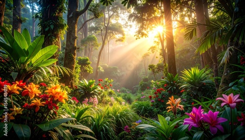 Sunlight shining through trees in a lush forest with colorful flowers below