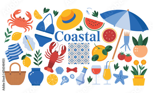 Colorful coastal summer vacation elements including crab, lobster, watermelon, beach umbrella, drinks, swimsuit, and tropical items