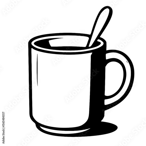 Simple Black and White Coffee Mug with Spoon Vector - Ideal for Cafe and Beverage Designs