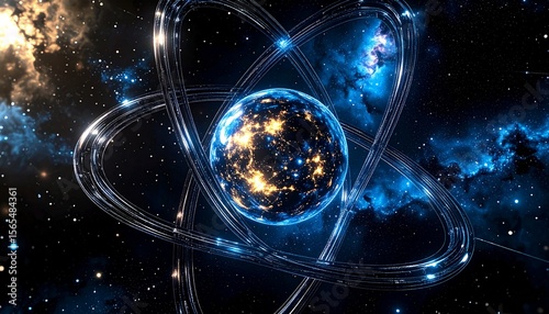 Glowing planet surrounded by rings in a nebula filled starry space scene