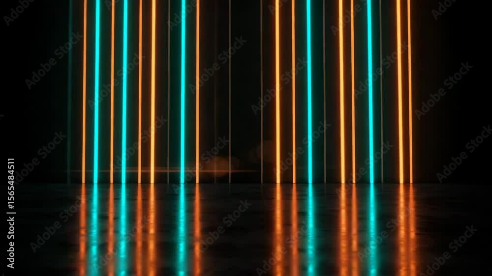 Vibrant blue and orange neon lines glow in the dark, reflecting on a sleek surface