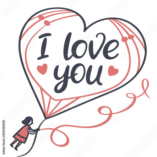 Girl holding heart shaped balloon with love message vector