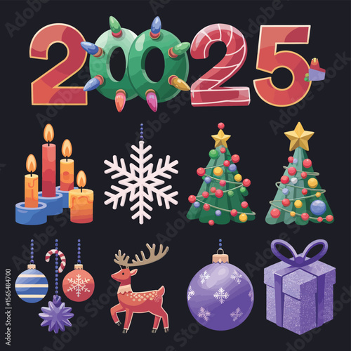 vector Happy New Year Celebrating 2025 in Latin letters , Christmas Decoration Items Santa Claus