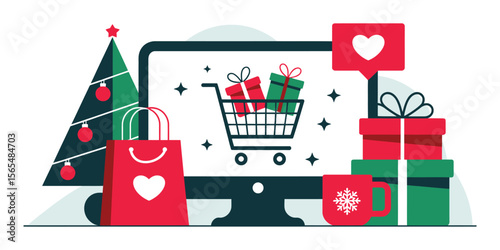 Digital Christmas shopping illustration featuring computer screen, cart, gifts, festive tree, decorations, sale icons, and holiday elements