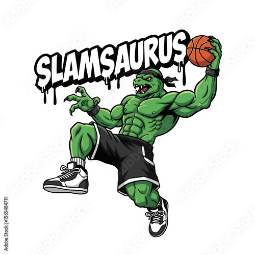 Illustrated Cartoon Saurus Muscle Slam Dunk with Basketball Mascot Character