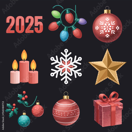vector Happy New Year Celebrating 2025 in Latin letters , Christmas Decoration Items Santa Claus