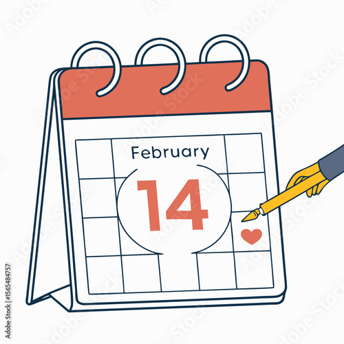 February fourteenth marked on calendar with heart and pen date marking