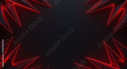 A modern futuristic background with a frame of sharp, aggressive crystal shapes illuminated by red neon light. The dark center provides ample copy space for intense gaming or tech designs.
