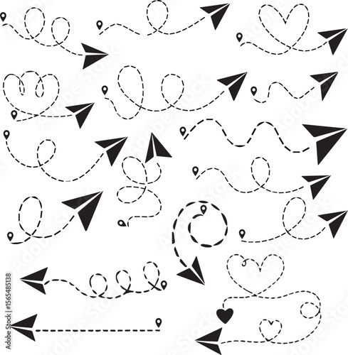 Paper Plane Doodle Set with location icon and Travel Path Icons – Vector Illustration

