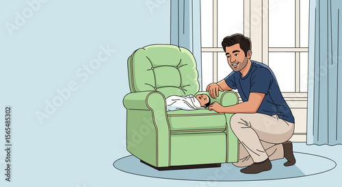 Man watches over newborn baby sleeping in armchair, for parenting blogs, with copy space