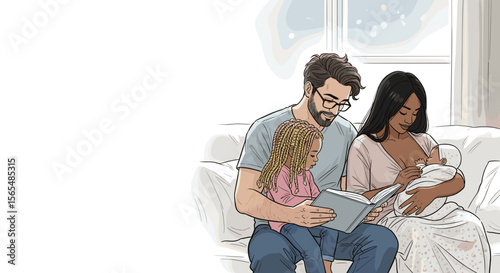 Family reading and breastfeeding on a sofa, illustration
