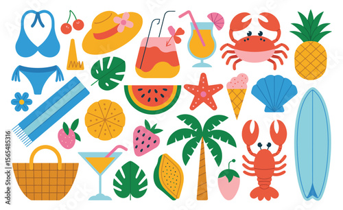Colorful Summer Beach Icon Set with Tropical Fruits, Refreshing Drinks, and Sea Creatures for Fun Vacation and Holiday Design