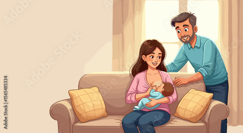 Happy dad supporting breastfeeding mother and child on sofa, with copy space