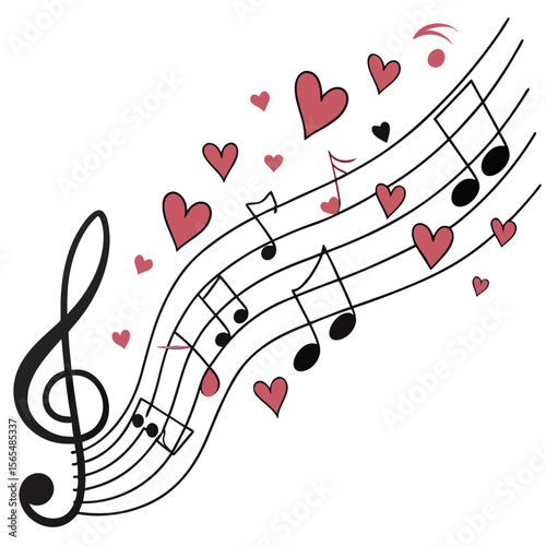 Musical notes with hearts melody love