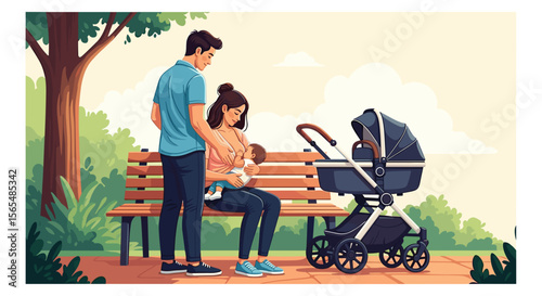 Parents with baby breastfeeding in a park near stroller, for family blogs