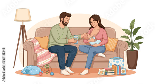 Man offering water to woman breastfeeding a baby, illustration on white background, with copy space
