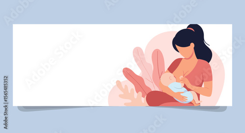 Mother breastfeeding baby with floral elements, for social media with copy space