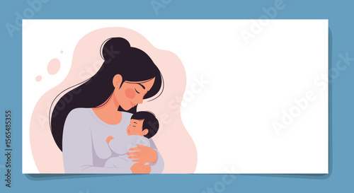 Mother holding infant in arms, lactation support concept, with copy space