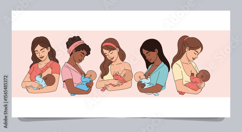 Diverse women breastfeeding their babies for World Breastfeeding Week, with copy space