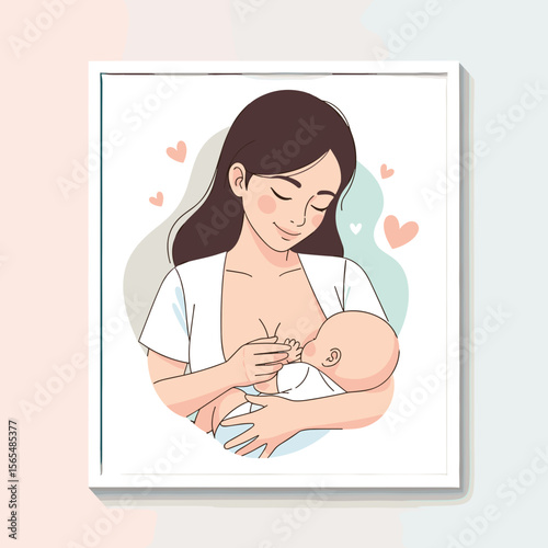 Mother breastfeeding her baby, gentle illustration with heart symbols