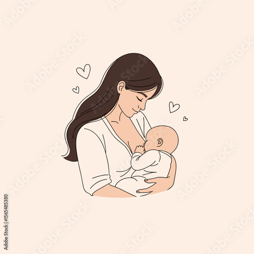 Woman breastfeeding baby with heart symbols in simple illustration, with copy space