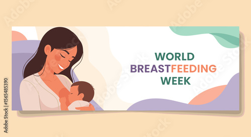 Mother breastfeeding child for World Breastfeeding Week, for awareness campaign, with copy space
