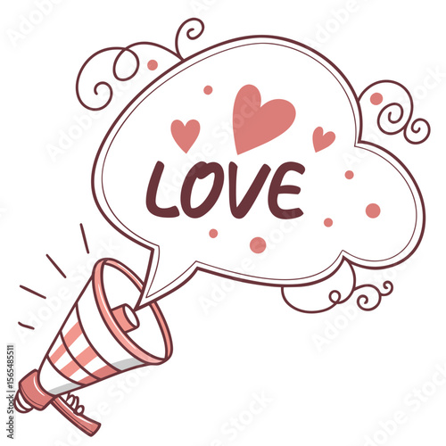 Megaphone announcing love with hearts and swirls announcement speech bubble