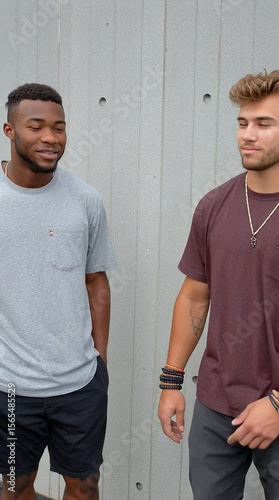 Two modern fraternity brothers pose to commemorate their frat house and brotherhood